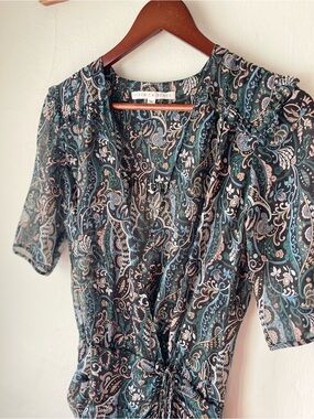 Veronica Beard Dakota Paisley Silk Chiffon Mini Dress Green Ruffle Size 2
